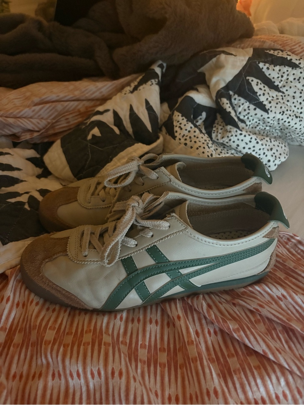 Onitsuka Tiger by Asics Cream Sneakers with Green Stripes